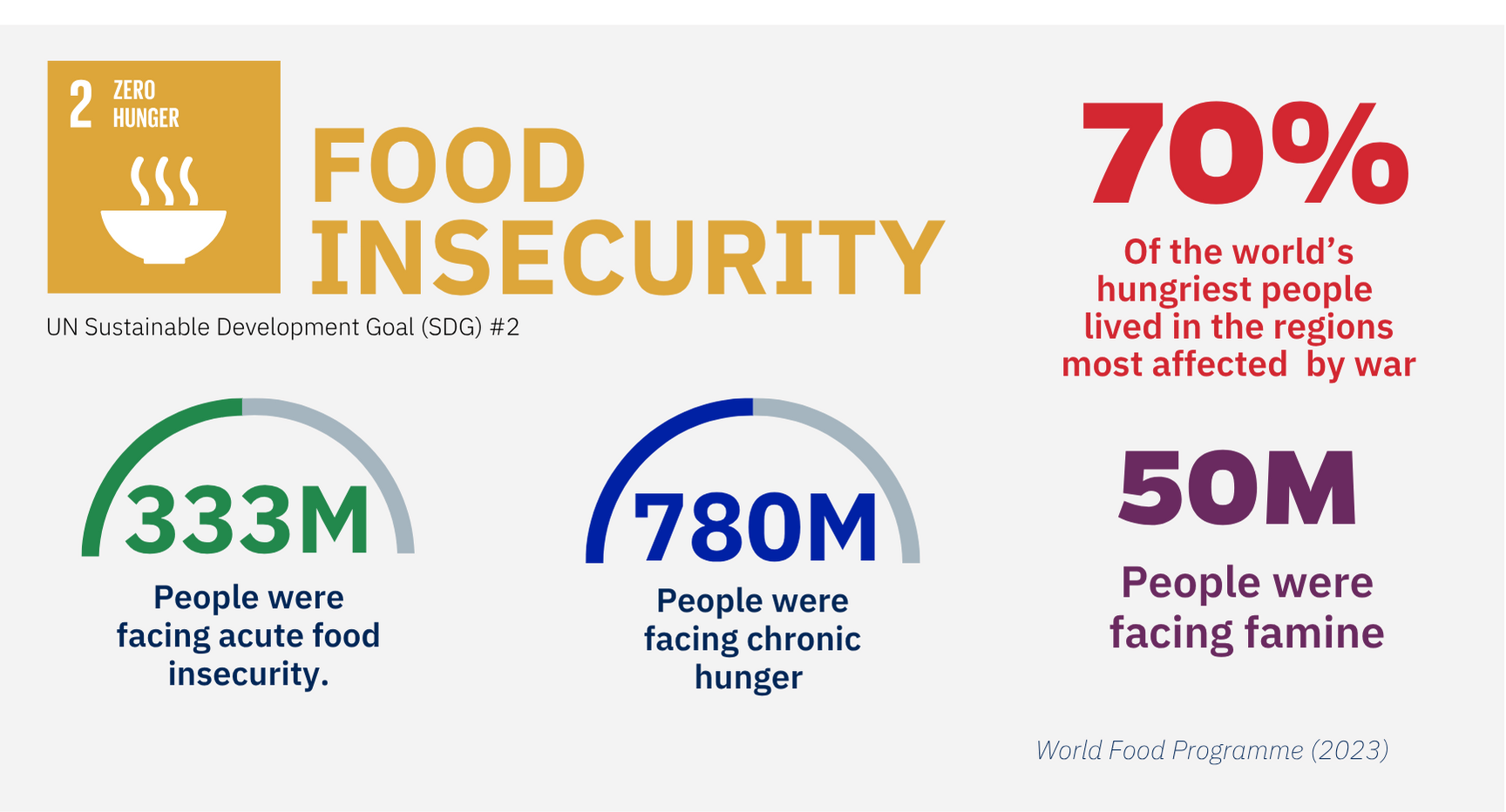 Infographic on food insecurity related to SDG #2, highlighting statistics on hunger and regions affected by war.