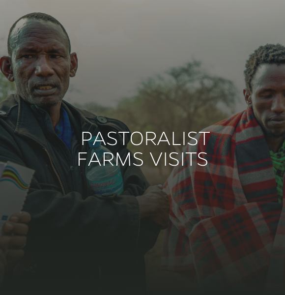 Two tanzanian farmers standing outdoors against a blurred background of trees and sky with the text: Pastoralist farms visits