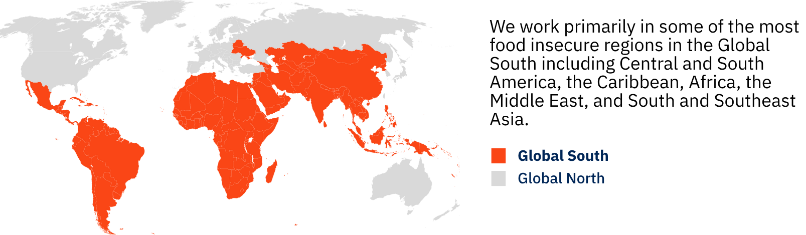World map showing Global South in orange and Global North in grey.