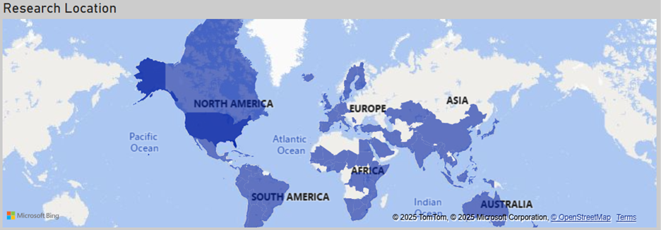 Color shaded map of regions of focus for faculty listed on the GFSI People Dashboard